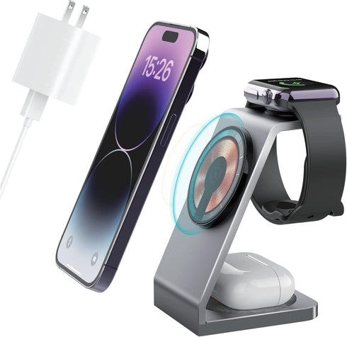 Aluminum Alloy Magnetic Wireless 3 in 1 Charging Station, Fast Wireless Charging Station Compatible with MagSafe Charger Stand for iPhone 14 13 12...