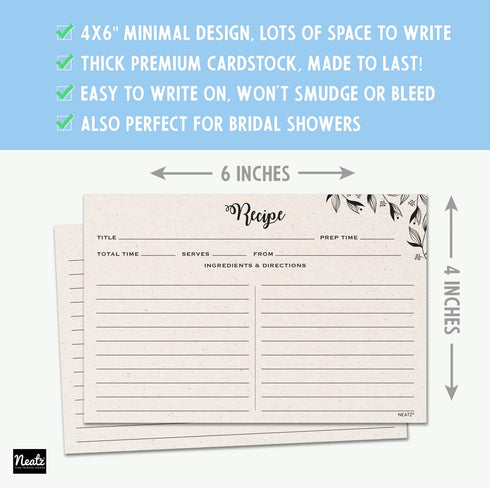 Spacious Recipe Cards 4x6” - 50 count, Double Sided. Thick Card Stock. Perfect for Recipe Box & Recipe Binder. Minimal Floral Kraft-Like Design...
