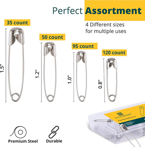 300 Pack Safety Pins Assorted, 4 Different Sizes, Strong Nickel Plated Steel, Safety Pins for Clothes, Crafts, Pinning and More...