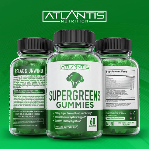 Supergreens Gummies - Daily Green Superfoods Supplement with Spinach, Broccoli, Moringa, Beet Root, Celery, Green Tea, & Acai for Immunity Support...