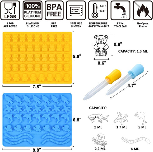 Gummy Bear Mold Candy Molds - Chocolate Molds Including Bears, Frogs, Lions, Monkeys, Penguins, Worms, Starfishs, Dolphins, Octopus, Sharks Sea Mo...