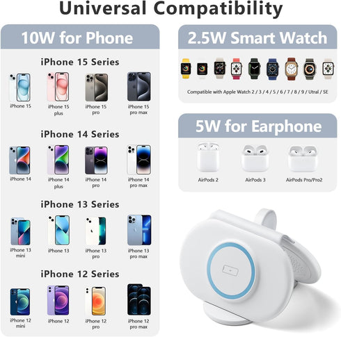 3 in 1 Wireless A pple Charging Station for iPhone 15/14/13/12 Series,Magnetic Travel Charger for Multiple Devices for Air Pods,Foldable Charging ...