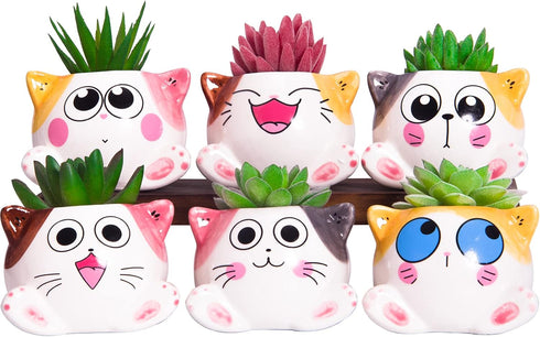 Cute Succulent Pots with Drainage Cat Planters for Indoor Plants 3.4 Inch Tiny Animal Planters Mini Cat Pots Small Ceramic Flower Pots Cartoon Cac...