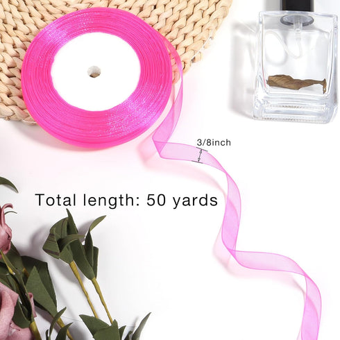 3/8 inch Sheer Organza Ribbon 50 Yards Hot Pink Chiffon Ribbon for Gift Wrapping Father's Day Crafts Wedding Bouquet Ribbon...