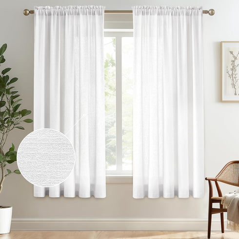Melodieux White Semi Sheer Curtains 63 Inch Length for Bedroom Living Room, Farmhouse Linen Texture Light Filtering Home Office Shiny Sheer Drapes...
