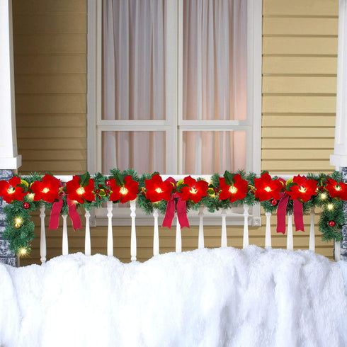 DearHouse 6.5Ft Lighted Poinsettia Christmas Garland with Red Berries and Holly Leaves, Pre-Lit Velvet Artificial Poinsettia Garland for Christmas...