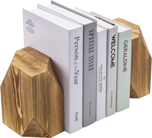 MyGift Rustic Burnt Solid Wood Geometric Style Bookends, Set of 2...