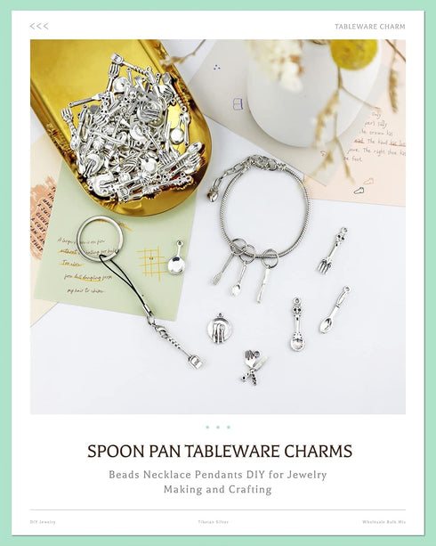 JIALEEY 100pcs Fork Knife Spoon Pan Tableware Charms Beads Necklace Pendants DIY for Jewelry Making and Crafting, Tibetan Silver Plated Tableware ...