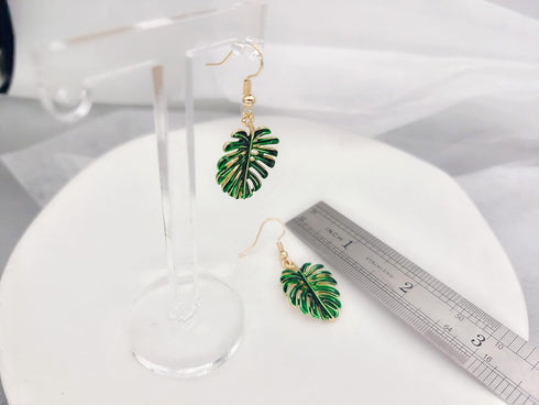 Green Enamel Monstera Leaves Drop Earrings Necklace Set Tropical Palm Tree Leaf Jewelry for Summer...