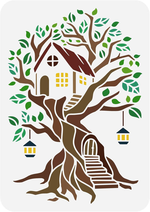 FINGERINSPIRE Tree House Stencil for Painting 11.7x8.3 inch Hollow Out Tree of Life Drawing Stencils Reusable Plastic Log Cabin Staircase Lantern ...