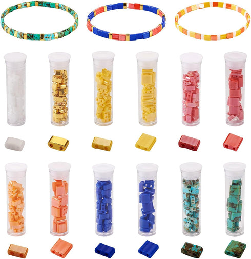 375Pcs 5mm Tila Beads Glass Seed Beads 12 Styles Square Beads 2 Hole Tile Beads Rectangle Carrier Beads Kit for DIY Crafts Bracelets Jewelry Makin...