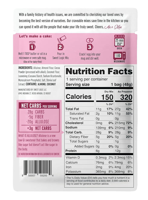 Sweet Logic Keto Dessert Mug Cake Mixes - Triple Chocolate Fudge - Low Sugar - Gluten-Free - Low Carb - Diabetic-Friendly Sweets - Natural Ingredi...