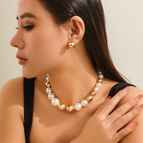 HIIXHC Boho Round Pearl Jewelry Set Chunky Geometric bead Necklace Set for Women Girls...