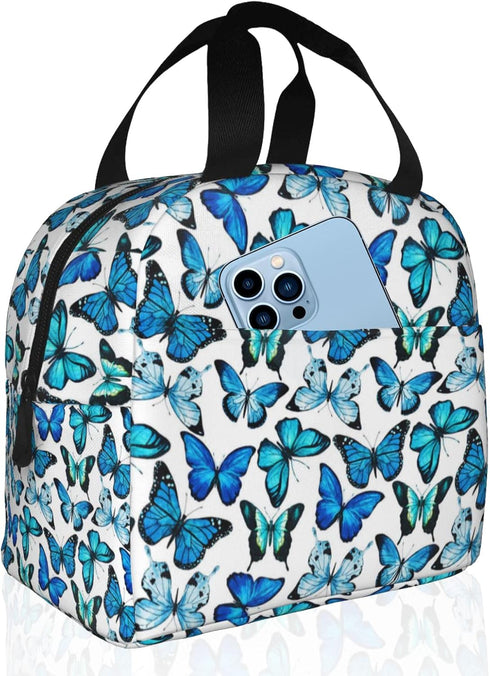 Insulated Lunch Bag Box for Women with Blue Butterfly Print Cooler Thermal Waterproof Reusable Tote Bag with Big Pocket for Work Office Picnic Col...
