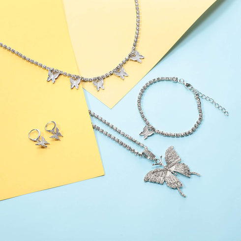 Hicarer Big Butterfly Pendant Necklace Rhinestone Chain Shiny Crystal Choker Pendant Collar Necklace and Butterfly Bracelet Butterfly Earrings Jew...