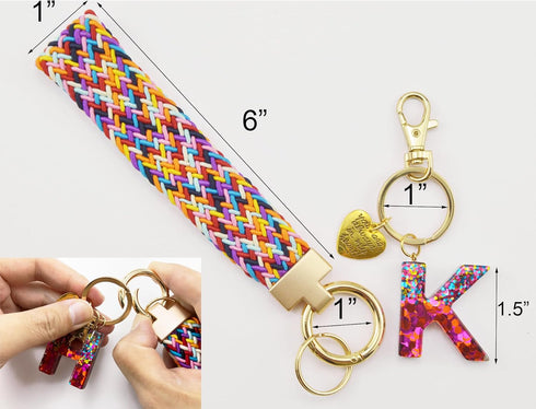 Wristlet Keychain with Initial Letter Colourful Braided Cute Wrist Lanyards Strap for Keys Wallet Handbag Phone...