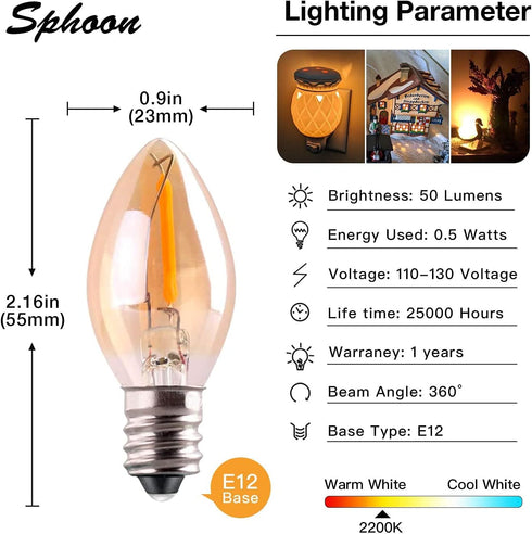 C7 LED Nignt Light Bulb,Classical Edison Style E12 Candle Base, 0.5 Watt LED Filament Bulb, Sign Light Replacement Bulb,5 Watts Equivalent, Ultra ...