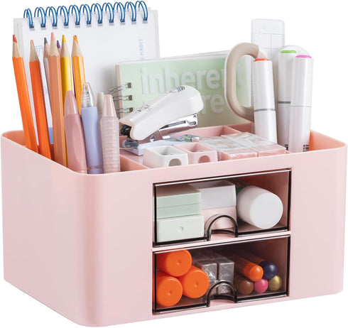 Desk Organizer with 2 Drawers, Office Supplies Organizer for Desk, Cute Desk Accessories with Plastic, Pen Holder for Desk Countop, Pink...