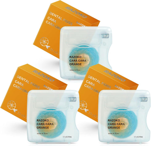 RAZOKO Coconut Oil Infused Woven Dental Floss, Vegan and Cruelty-Free, Orange Scent, 6 Month Supply (33 Yds x 3 Units) (3Pack, Orange)...