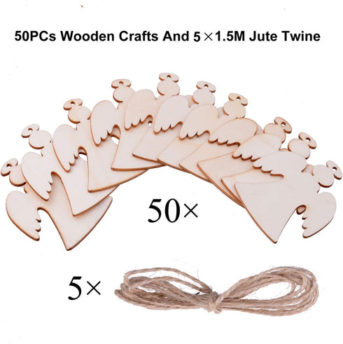 Pack of 50 Wooden Crafts to Paint 3 inch Christmas Tree Hanging Ornaments Unfinished Wood Cutouts Christmas Decoration DIY Crafts (Wooden Angel Cu...