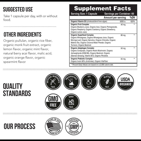 Organic Vitamin D3 5,000 IU - 100% Whole Food & Plant-Based Cholecalciferol Form, 100% Vegan Vitamin D - Enhanced with Prebiotic & Superfood Compl...