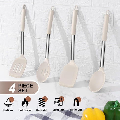 E-far Cooking Utensils Set of 4, Silicone Kitchen Utensils for Non-stick Cookware, Heat Resistant & Non-toxic Slotted Spatula Solid Spoon Turner f...