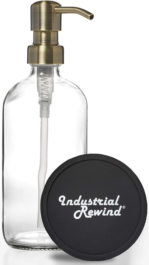 Industrial Rewind Clear Glass Soap Dispenser with Brass Metal Pump and Non Slip Coaster - 16oz Refillable Liquid Soap Dispenser Pump Bottle for Ba...