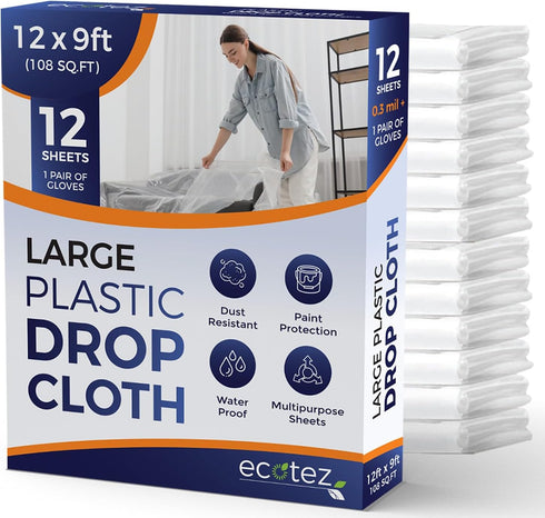 12 Pack 12 x 9 ft Extra Large Painter’s Plastic Drop Cloth Painting Sheet-Light & Durable Dust Cover-Clear Plastic Sheet-Plastic Sheeting-Plastic ...