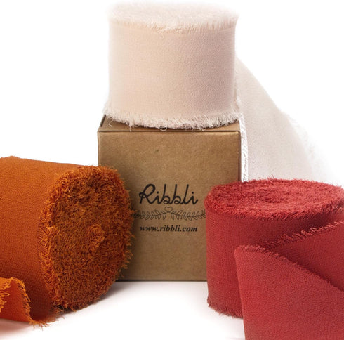 Ribbli Chiffon Ribbon 1.5 inch x 30 Yard Handmade Silk Ribbon,Champagne/Terracotta/Rust Red Fringe Chiffon Fall Ribbon for Wedding Invitations, Br...