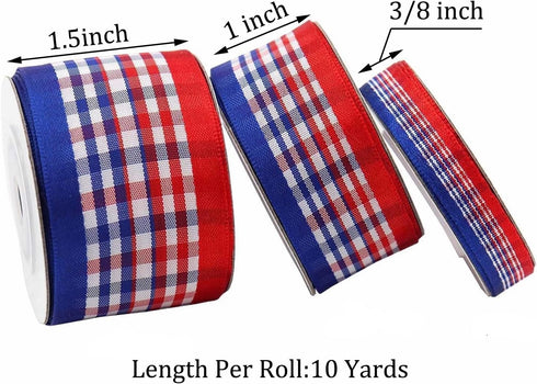 Gingham Ribbon,Red Blue White Buffalo Check,10 Yards x 3/8 inch, Holiday Crafts and Decorations...