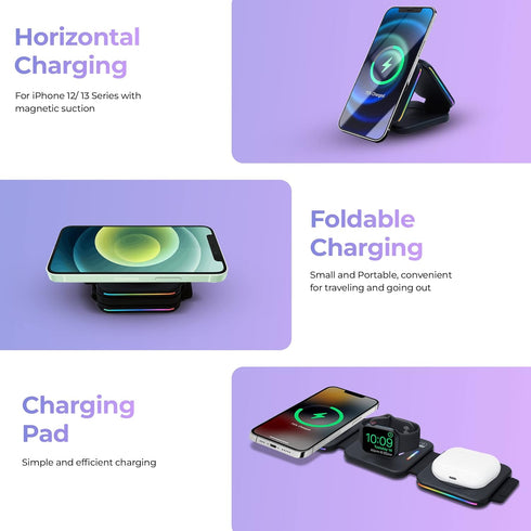 3 in 1 Wireless Charger Magnetic Foldable 3 in 1 Charging Station Fast Wireless Charging Pad for iPhone 14/Pro/Max/Plus/13/12 Series AirPods 3/2/P...