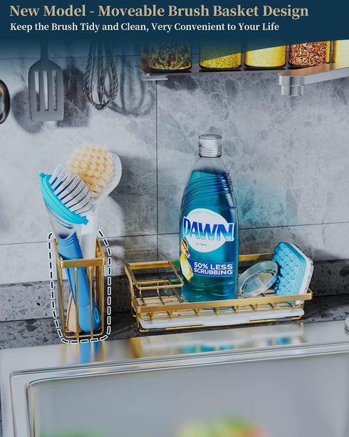 Consumest Sink Caddy, Kitchen Sponge Holder + Dish Brush Holder for Kitchen Sink, Sink Organizer with Drip Tray for Countertop, Stainless Steel Ru...