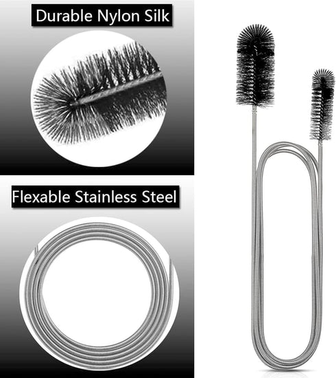 66 inch Long Drain Brush Elastic Double Head Nylon Cleaning Brushes Hose Pipe Brush and 2 PCS 7.9 inch Straw Cleaning Brush (Two Heads Black Color...