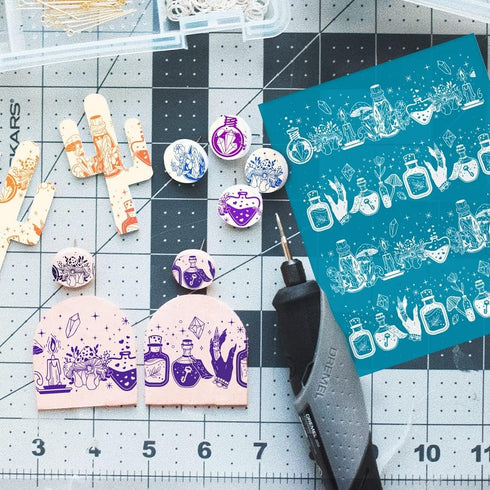 OLYCRAFT 4x5 Inch Witch Potion Clay Stencils Magic Potion Non-Adhesive Silk Screen Stencil Fantasy Theme Clay Silk Screen Reusable Mesh Transfer f...