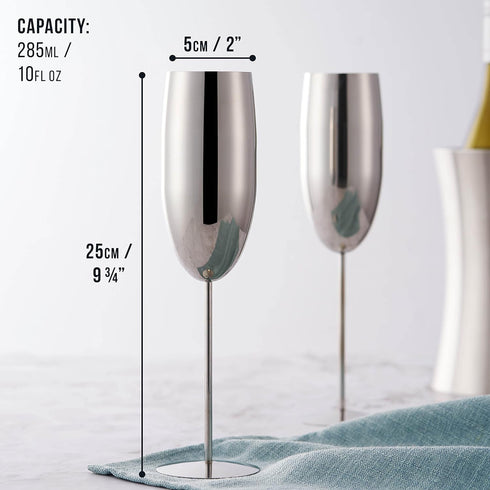 Oak & Steel - 4 Silver Stainless Steel Champagne Flutes with Gift Box, 284 ml - Elegant, Solid & Unbreakable - Outdoor Parties, Picnic, Beach & Po...