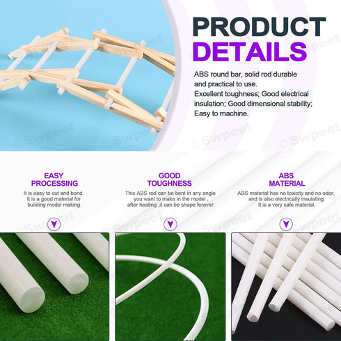 Swpeet 15Pcs Milkly Plastic Rods Assortment Kit, Diameter 7mm Length 250mm Material ABS Round Stick Round Solid Bar DIY Model for DIY Toys Buildin...
