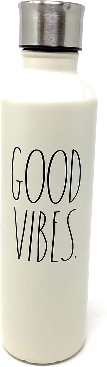 Rae Dunn White Stainless Steel Water Bottle Inscribed Good Vibes. in LL Black...