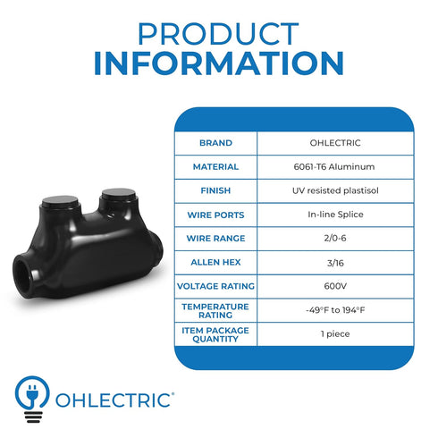 OHLECTRIC Black Insulated Electrical Power in-Line Splice Connector - 2/0-6" Wire Range - 3/16" Hex Screw - Rugged Di-Electric Rubber/Vinyl Coatin...