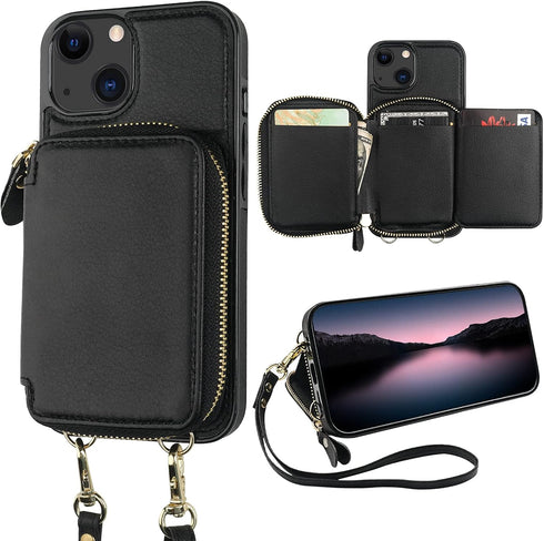 Bocasal RFID Blocking Wallet Case for iPhone 14 iPhone 13, Adjustable Crossbody Zipper Purse Case Card Holder with Kickstand Detachable Wrist Stra...