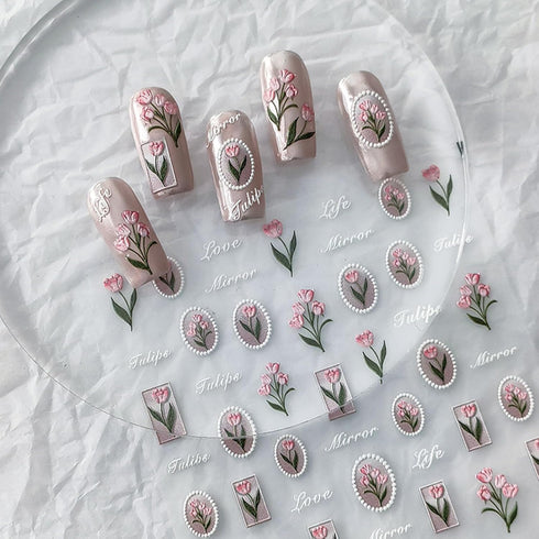 5D Embossed Flower Nail Art Stickers Spring Tulip Nail Decals for Nail Art Decoration, Self Adhesive Pink Tulip Nail Art Supplies Elegant Tulip De...