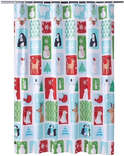 Christmas Holiday Cheer Fabric Shower Curtain, Winter Theme with Snowmen Penguins Polar Bears Deer 70x70 inch...
