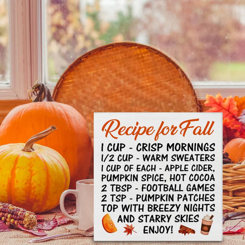 Fall Sign Recipe for Fall Wooden Sign Farmhouse Autumn Home Kitchen Decor for Desk Table Shelf Tabletop, 5 x 5 Inches...