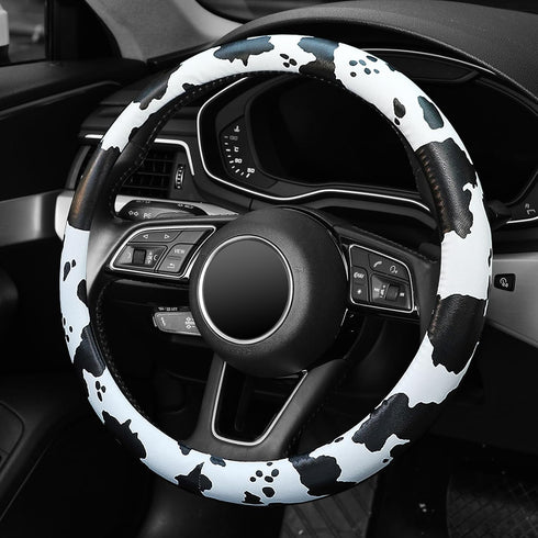 Leather Steering Wheel Cover, Universal 15 inch Breathable Anti-Slip Car Cow Steering Wheel Cover for Women Men, Black&White...