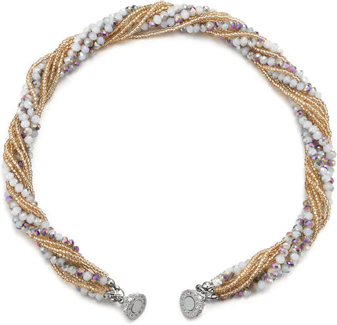 COOLSTEELANDBEYOND Champagne Gold Rainbow Beads Necklace Multi-Layer Crystal Braided Chain Choker Collar Magnetic Clasp...