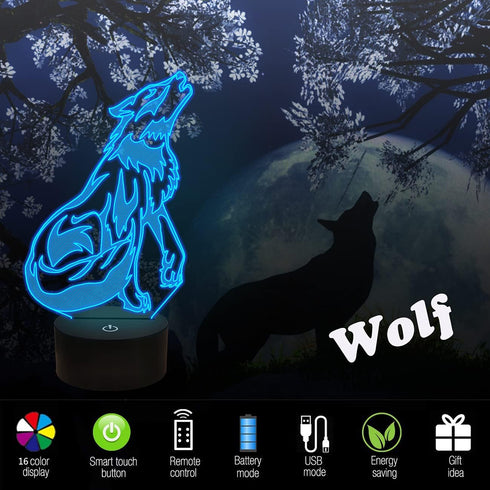 FULLOSUN Wolf Gifts, 3D Night Light for Kids Optical Illusion Lamp Co-Sleeping,Remote Controller with 16 Color Changing Birthday Gifts & for Kids,...