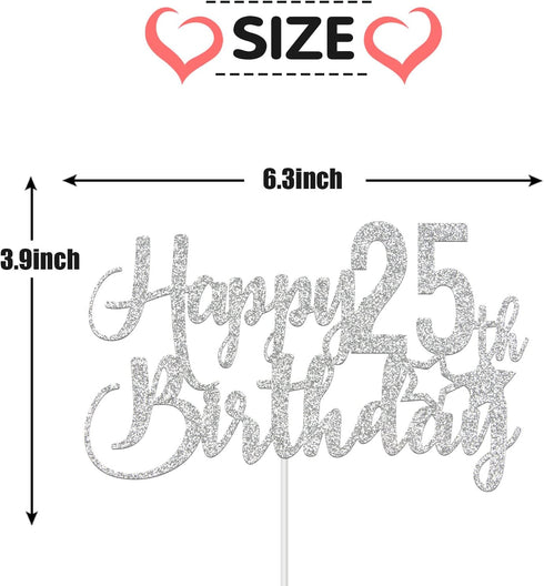 Silver Glitter Happy 25th Birthday Cake Topper - 25th Birthday Cake Topper, 25th Birthday Party Decoration...