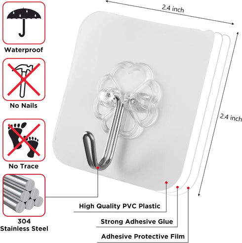 Vsezund 10 Pack Wall Hooks for Hanging 33lb(Max) Heavy Duty Self Adhesive Hooks Transparent Waterproof Sticky Hooks for Keys Bathroom Shower Outdo...