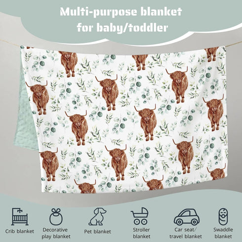 Highland Cow Eucalyptus Leaf Minky Baby Blanket Dotted Backing Boy Girl Gift, Western Farm Animal Yak Double Layer Flannel Nursery Bed Blankets, S...
