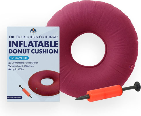 Dr. Frederick’s Original Donut Pillow - 15" Inflatable Donut Cushion for Tailbone Pain Relief - Seat Cushion for Hemorrhoids, Bed Sores, Prostatit...