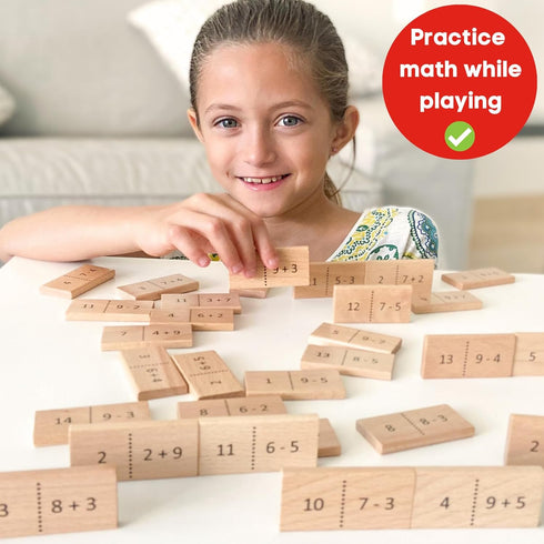 Math Domino Game for 1st & 2nd Grade | Wooden Algebra Dominoes Plus/Minus | Educational Learning Toy for Kids 6+ | Classroom, Homeschool & Teachin...